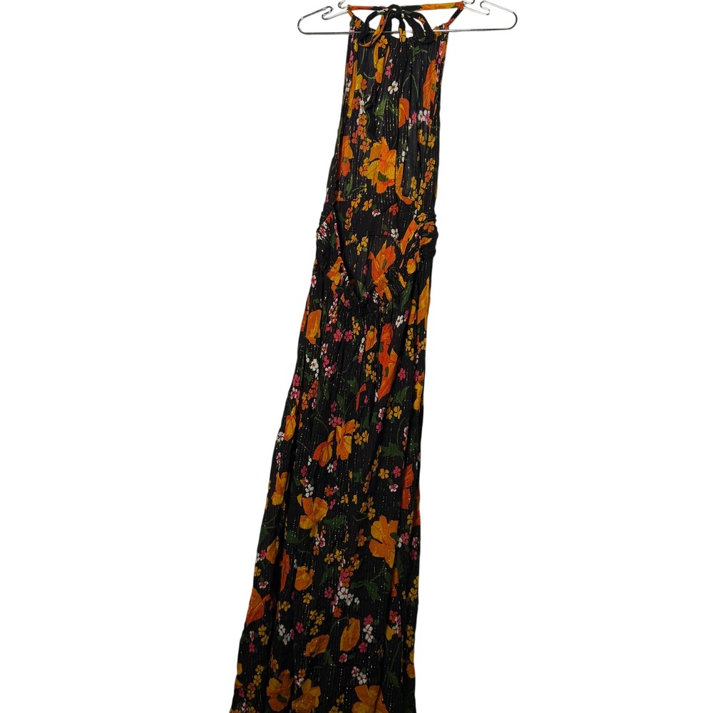 ASOS DESIGN Floral Halter Maxi Dress Black Gold Metallic Shimmer Open Back US 6 - Picture 5 of 10